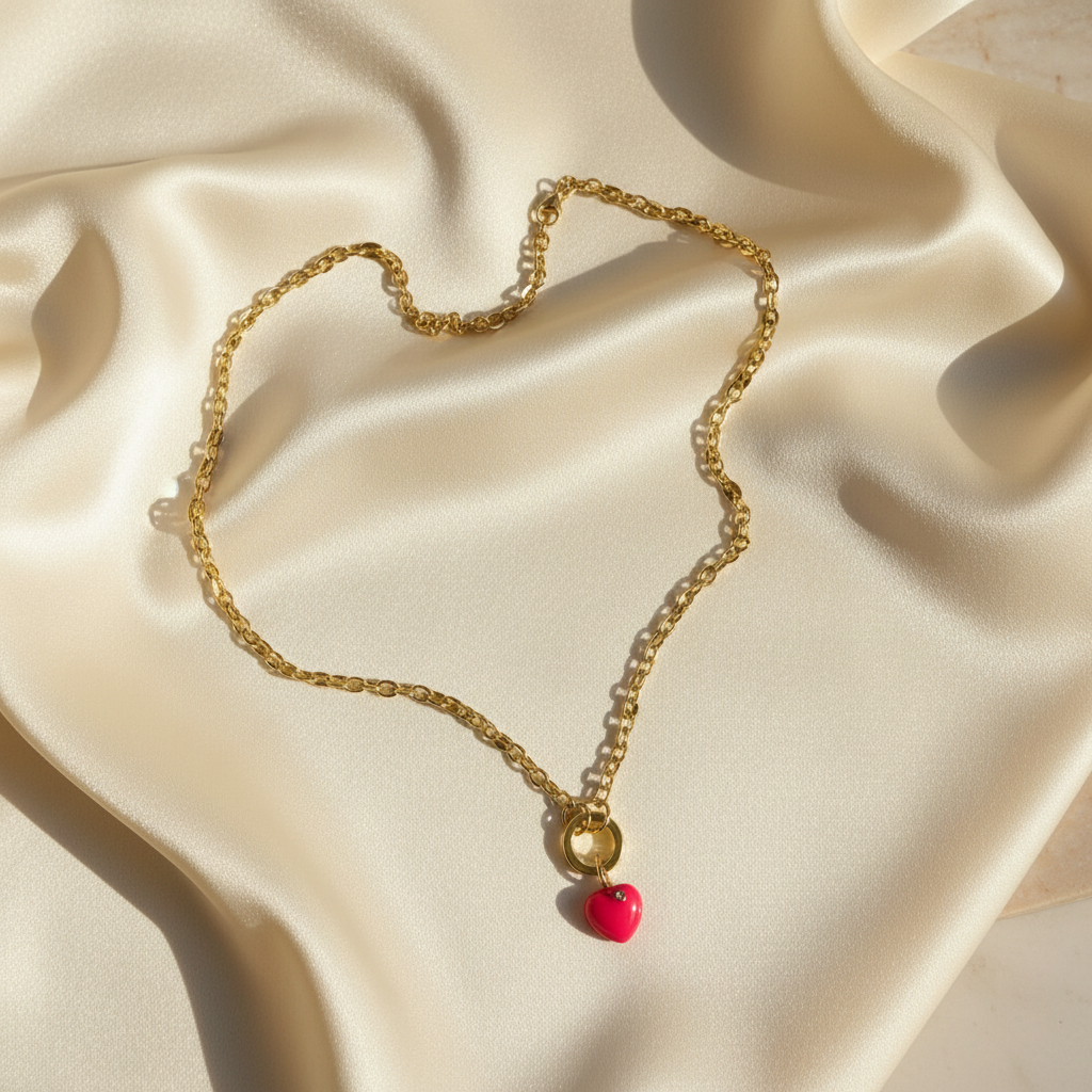 Amore Pop Heart Slip-On Necklace flatlay against silk fabric