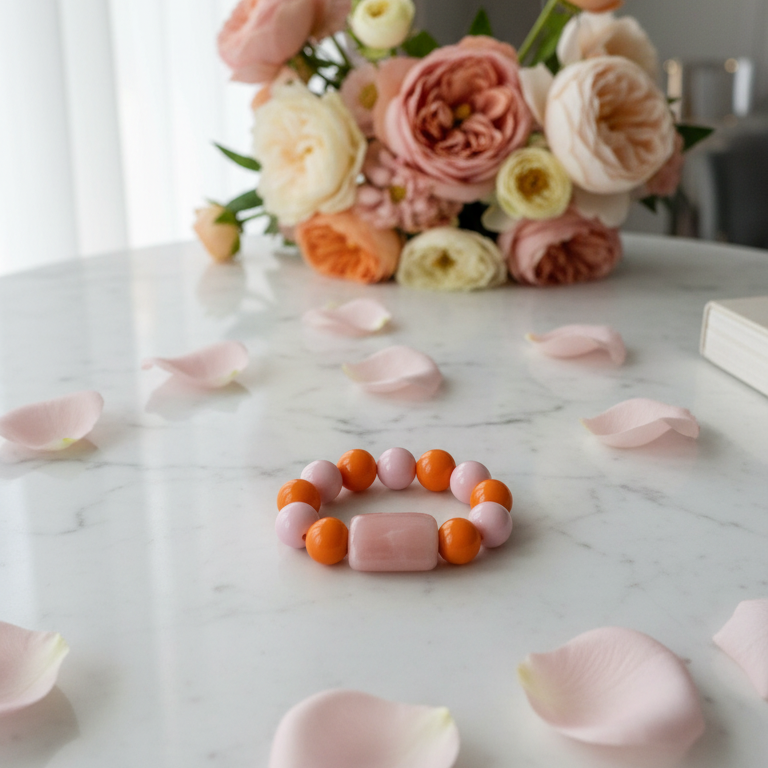 Colorful Chica Chica Jewelry Blush & Citrus Color Pop Bracelet - beaded bracelet on a marble surface with flowers in the background
