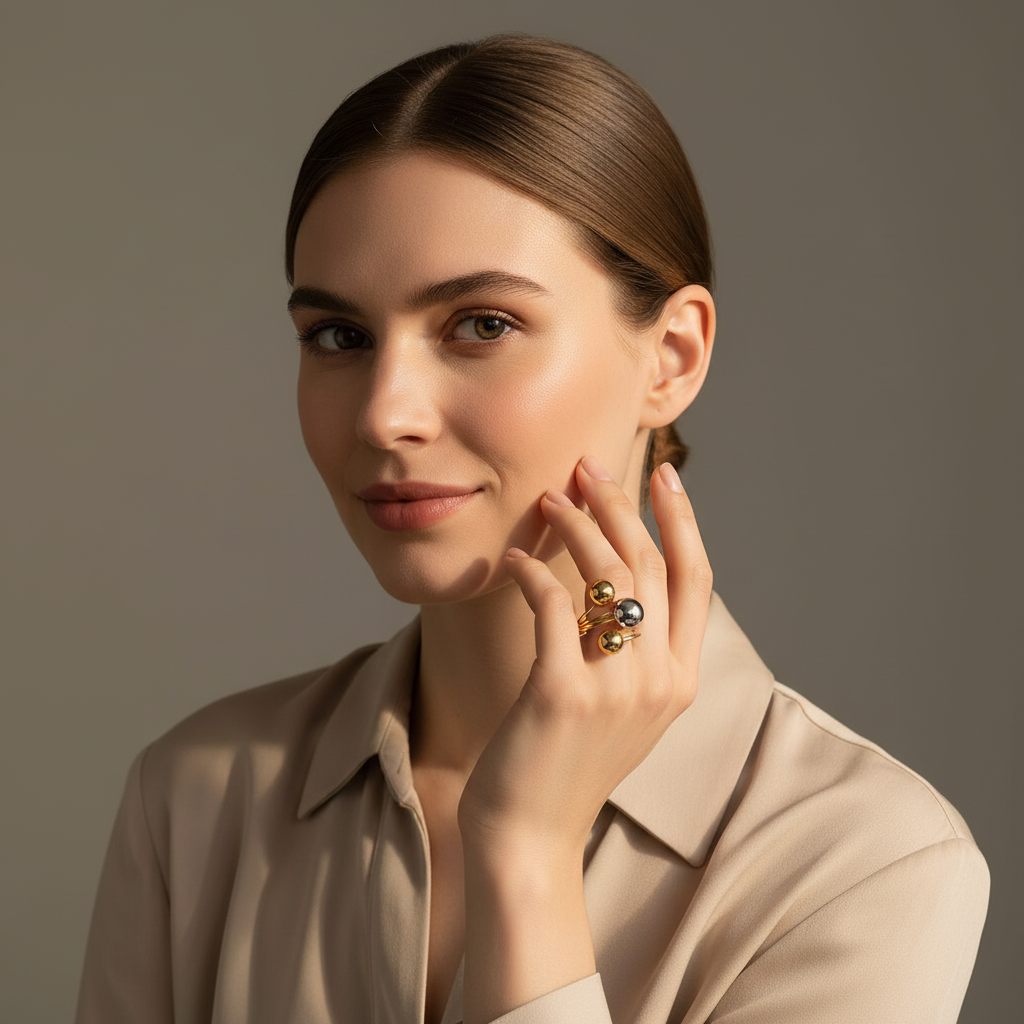 Woman wearing a beige shirt with jewelry on a neutral background