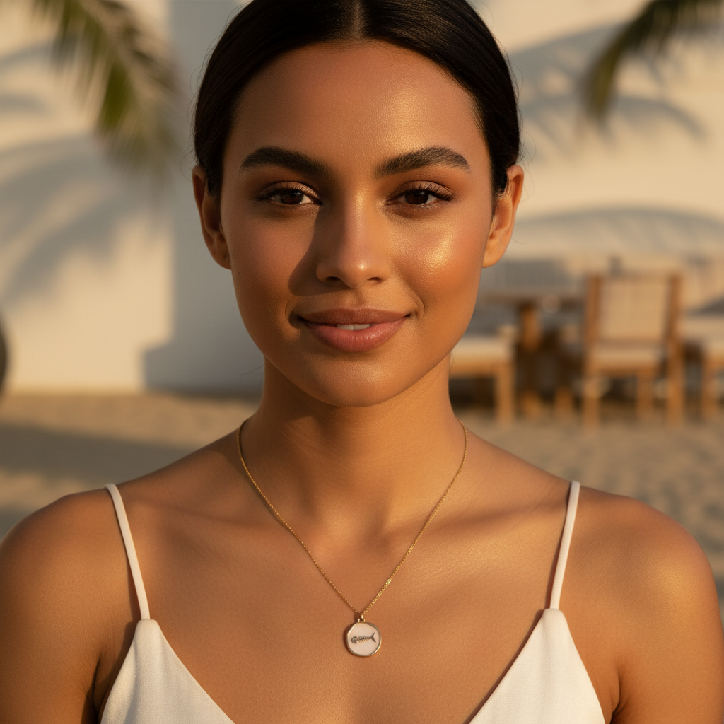 Woman wearing the Driftmark Fish Necklace with a beach setting in the background