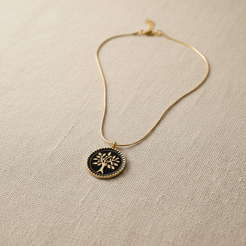 Eternal Tree Black Medallion Necklace from Chica Chica Jewelry- featuring a tree design on a beige fabric background
