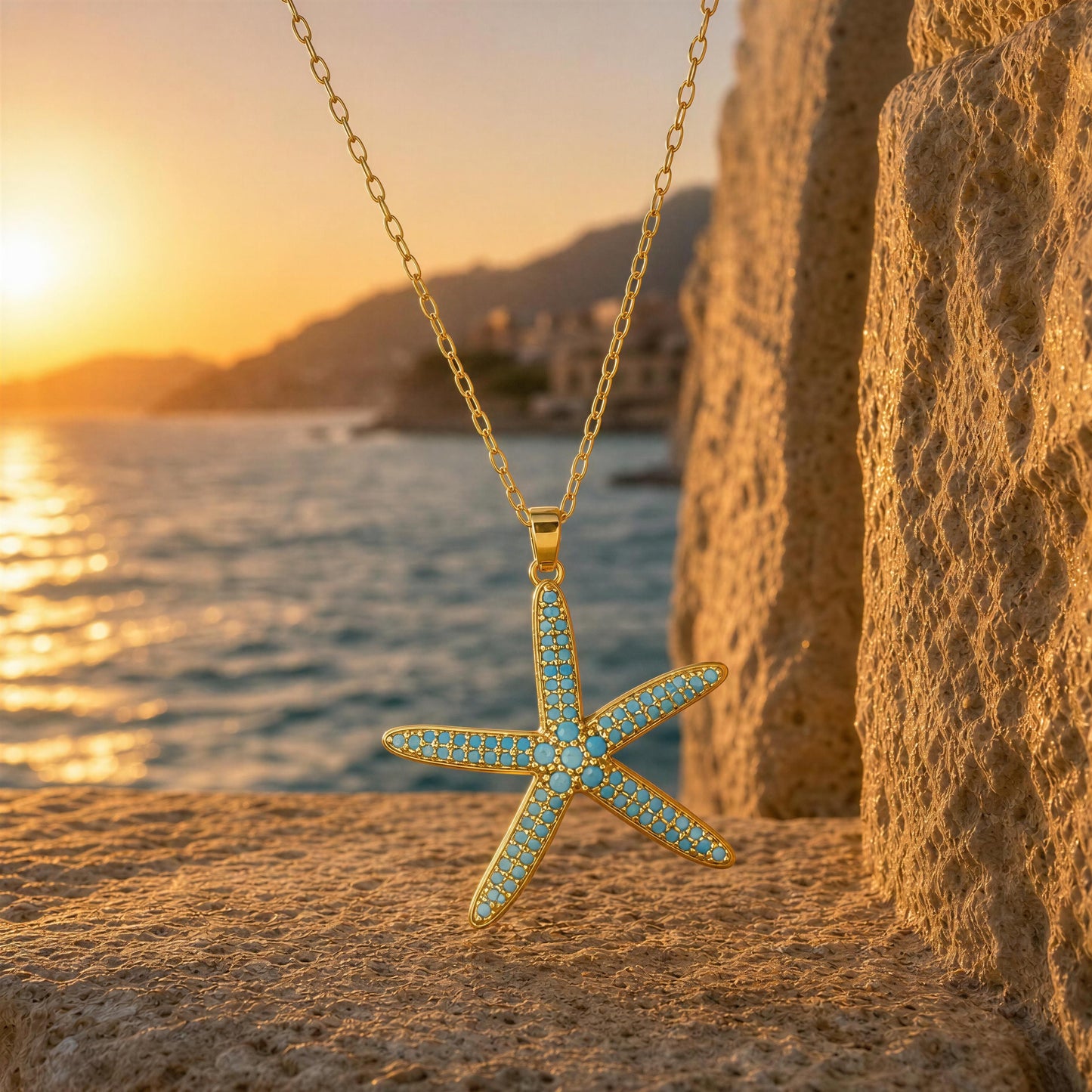 A gold starfish pendant necklace adorned with small light blue st, hanging from a gold chain against a warm sunset coastal background with ocean water and a stone wall.
