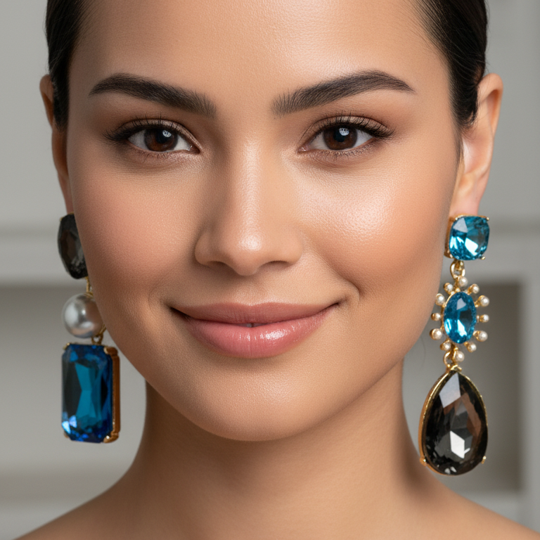 Close-up of a woman wearing the Chica Chica Jewelry Midnight Mirage Earrings, blue and black gemstone earrings with a neutral background