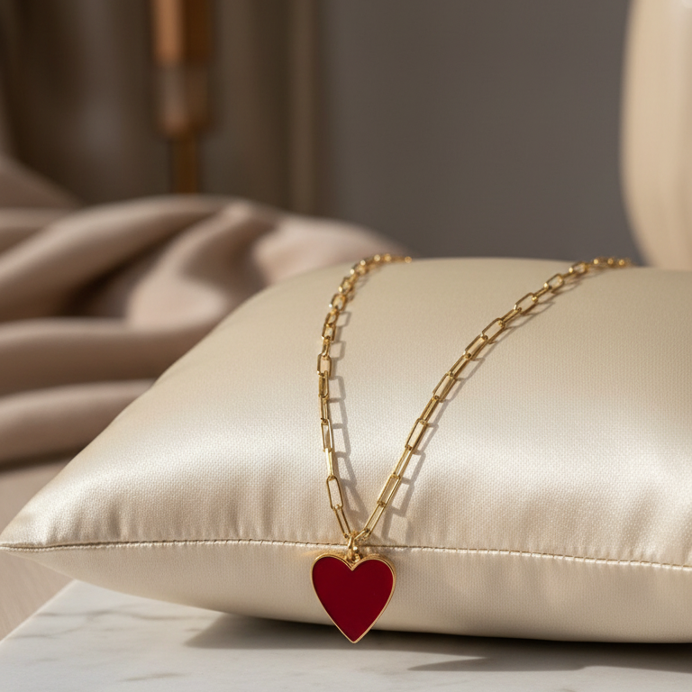 Chica Chica Jewelry - Gold necklace heart pendant on a beige pillow