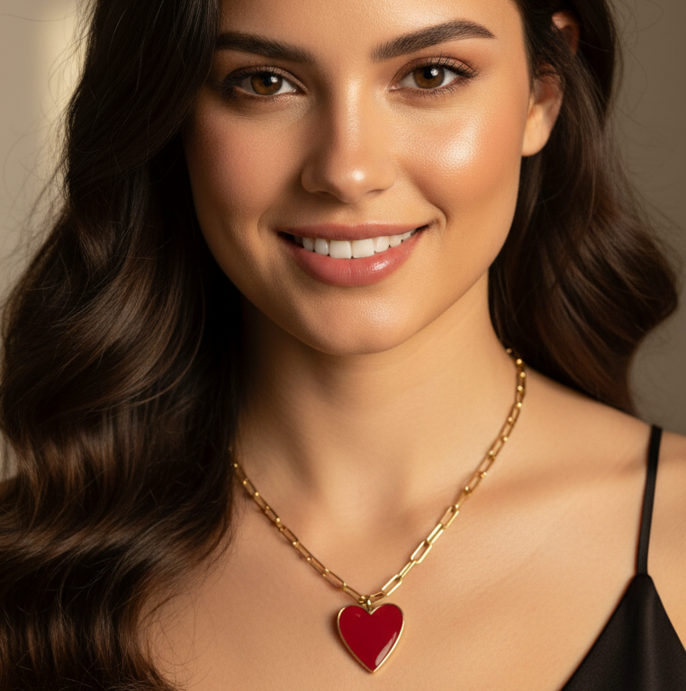 Woman wearing a Chica Chica Jewelry gold necklace with a red heart pendant
