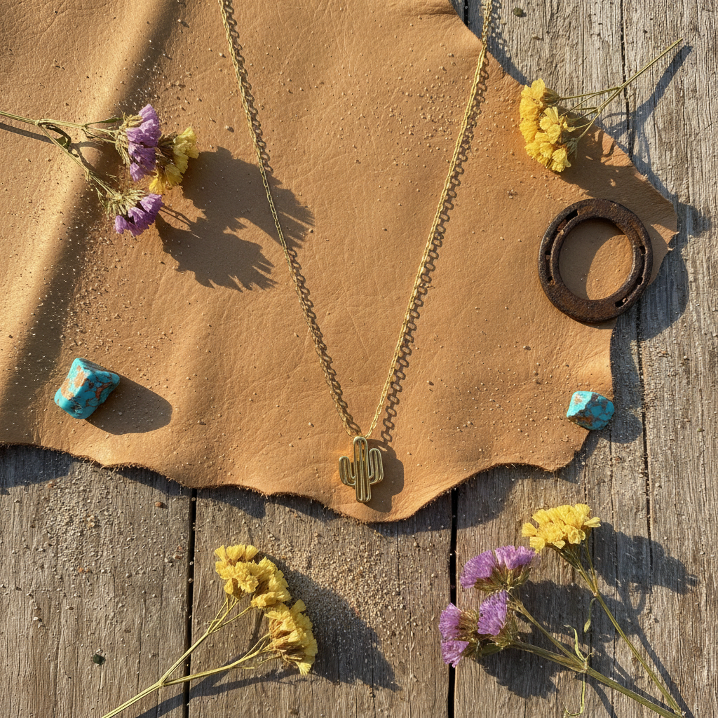 Gold cactus-shaped necklace from Chica Chica Jewelry on a wooden surface with dried flowers and turquoise stones.