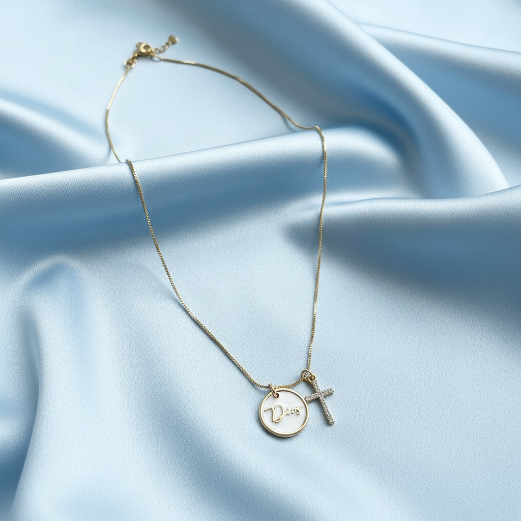Gold necklace with two pendants on a light blue fabric background