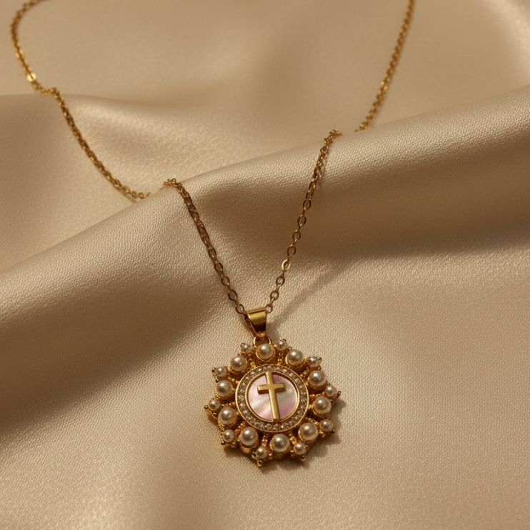 Divine Pearl Cross Necklace_ChicaChica