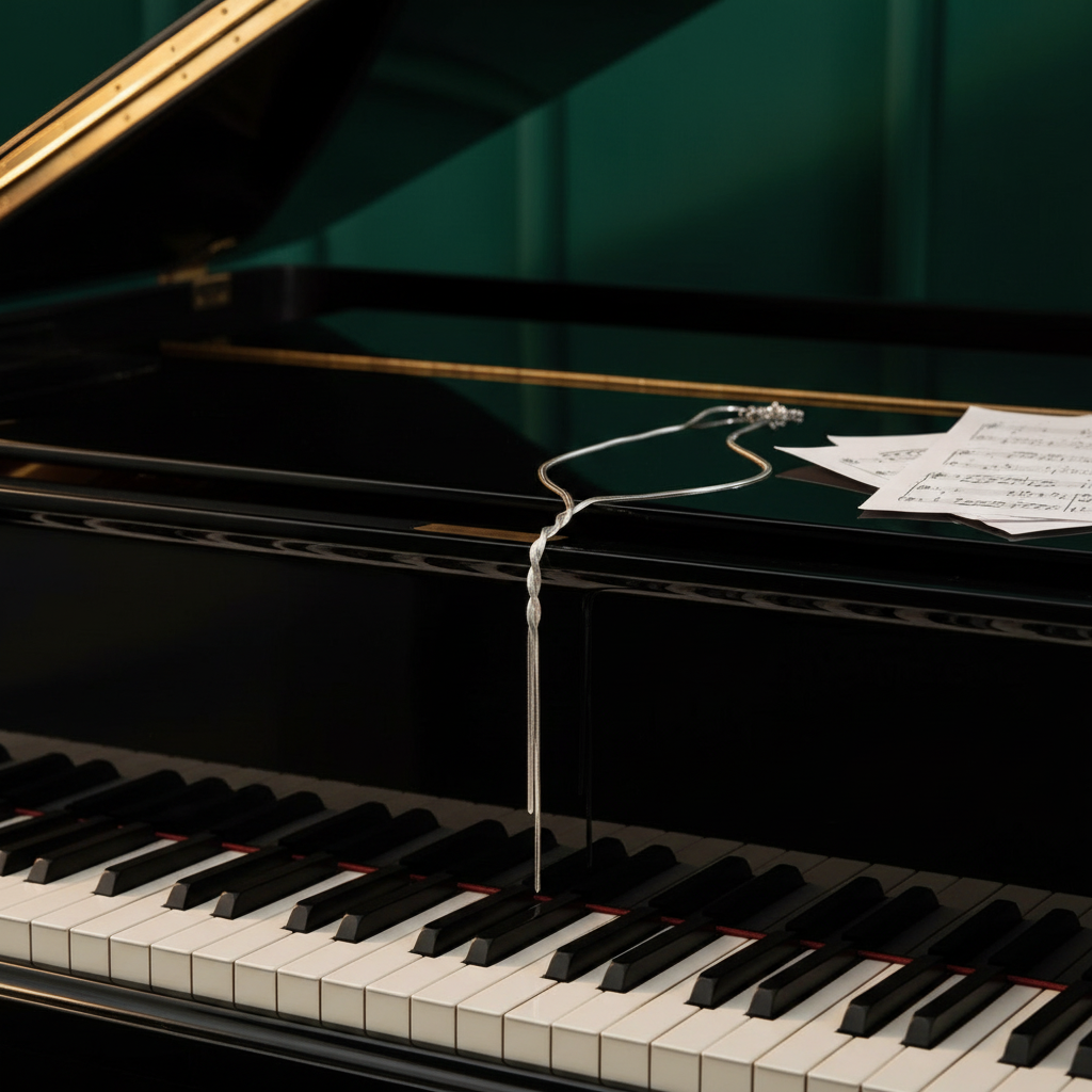 Close-up of a grand piano with sheet music on the lid and Chica Chica necklace