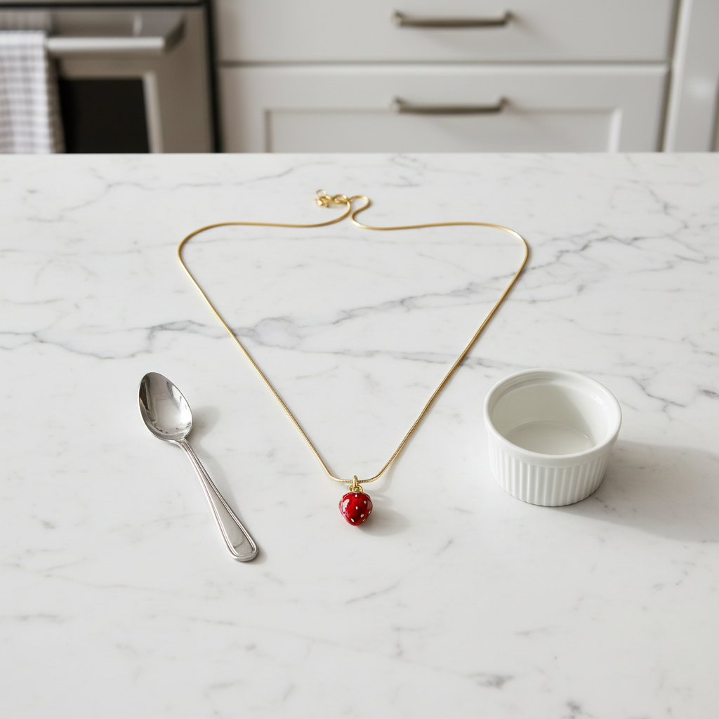 Fragola Charm Necklace on a marble countertop with a spoon and small white bowl.