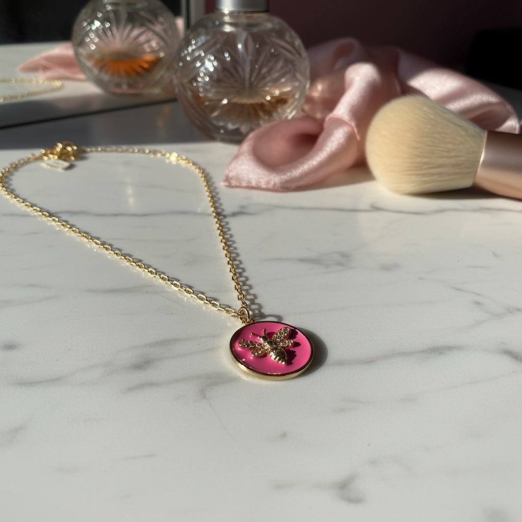 Chica Chica Jewelry necklace with a fuschia pendant featuring a bee design on a marble surface.