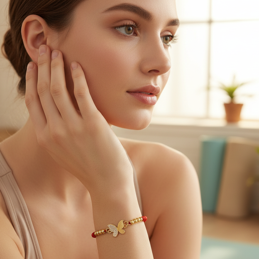 Woman wearing a bracelet with a blurred indoor background