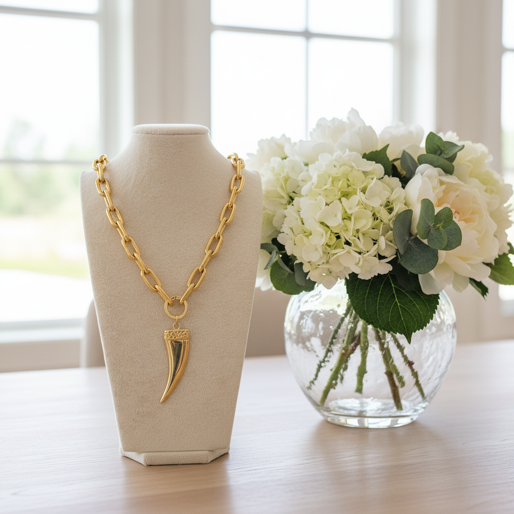 The Guardian Necklace on a mannequin bust with a vase of white flowers in the background