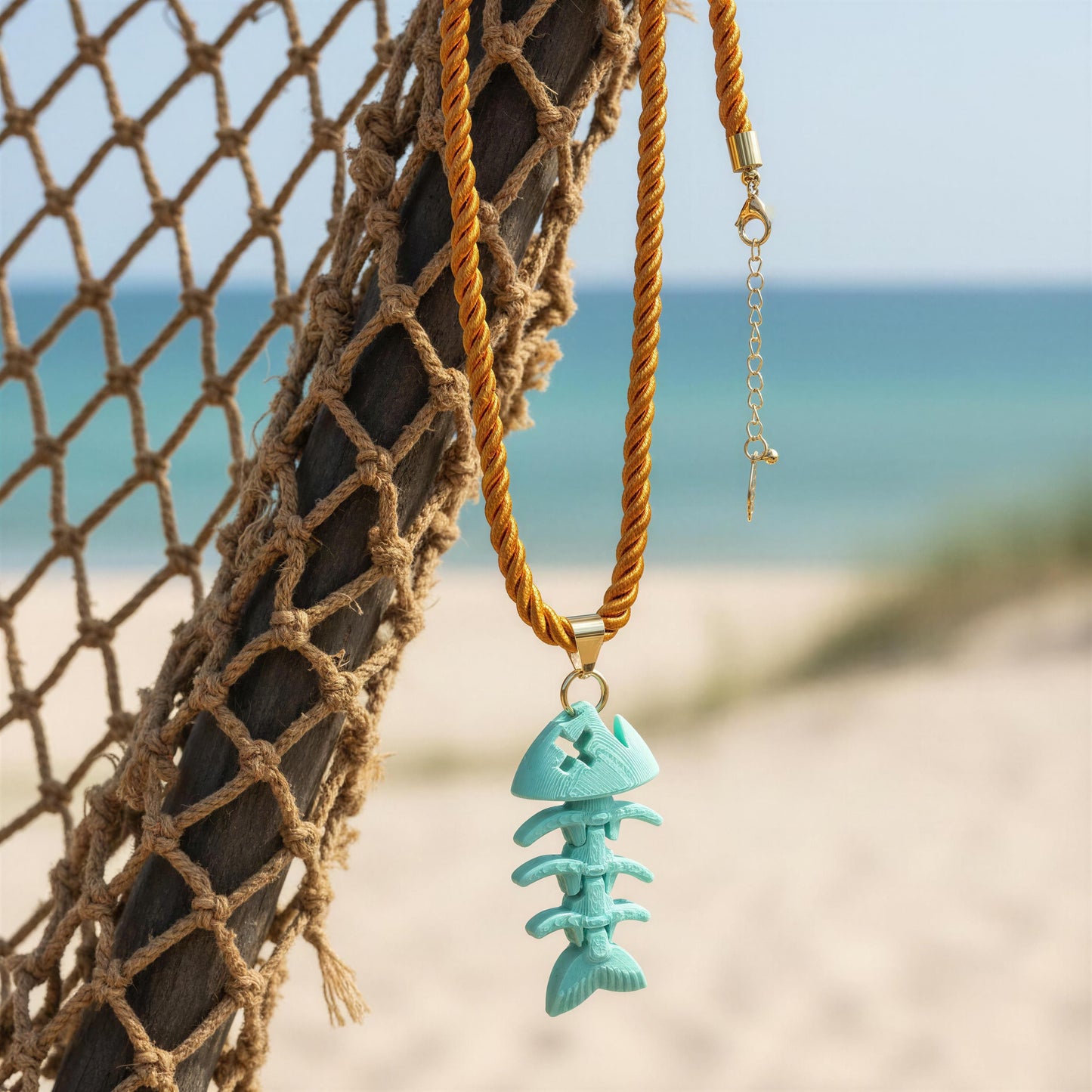 The Lisca Fishbone Necklace from Chica Chica Jewelry hanging from fish net at seaside.