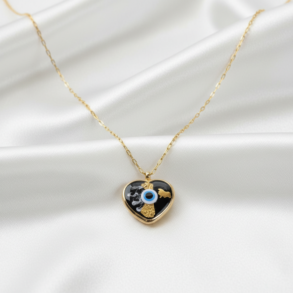 Midnight Aegis Heart Necklace with blue evil eye charm on 18K gold-plated chain, styled on white satin background