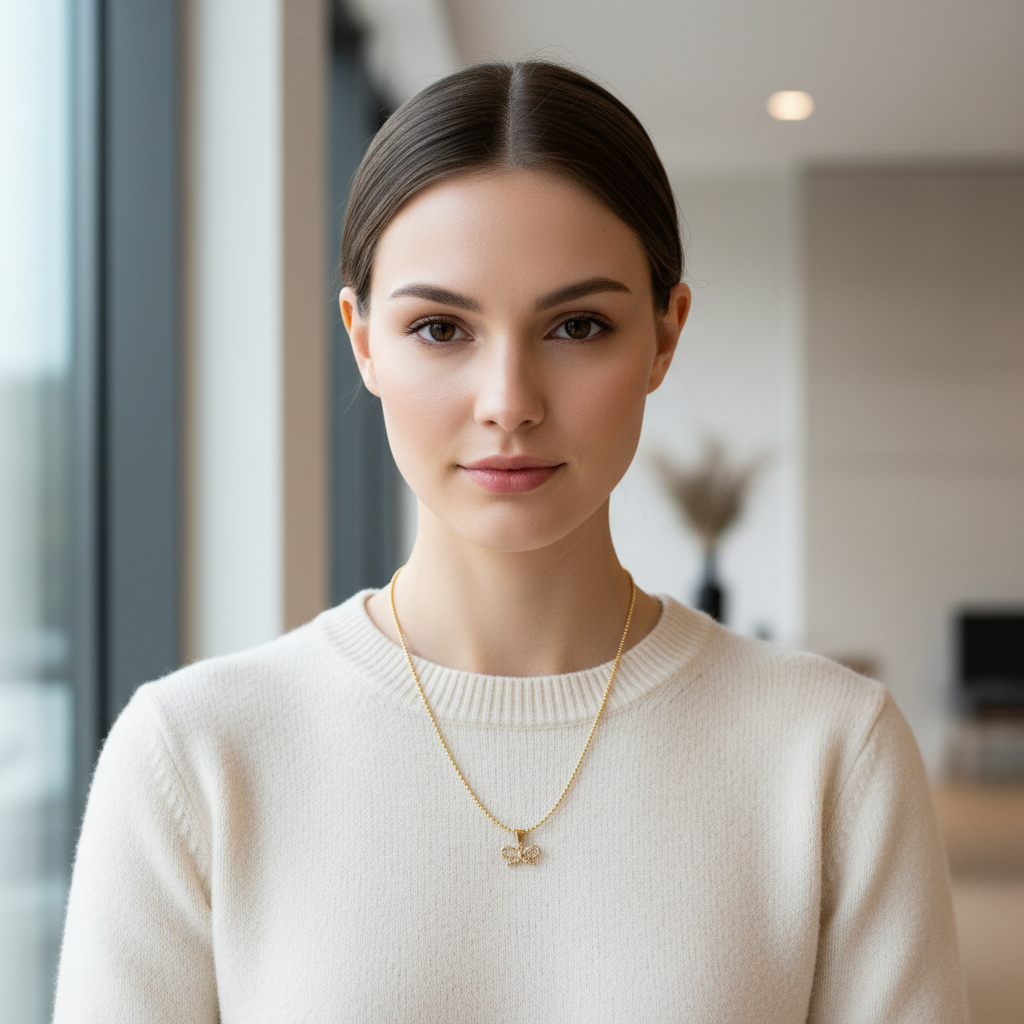 Woman wearing a gold Chica Chica Jewelry necklace in an indoor setting