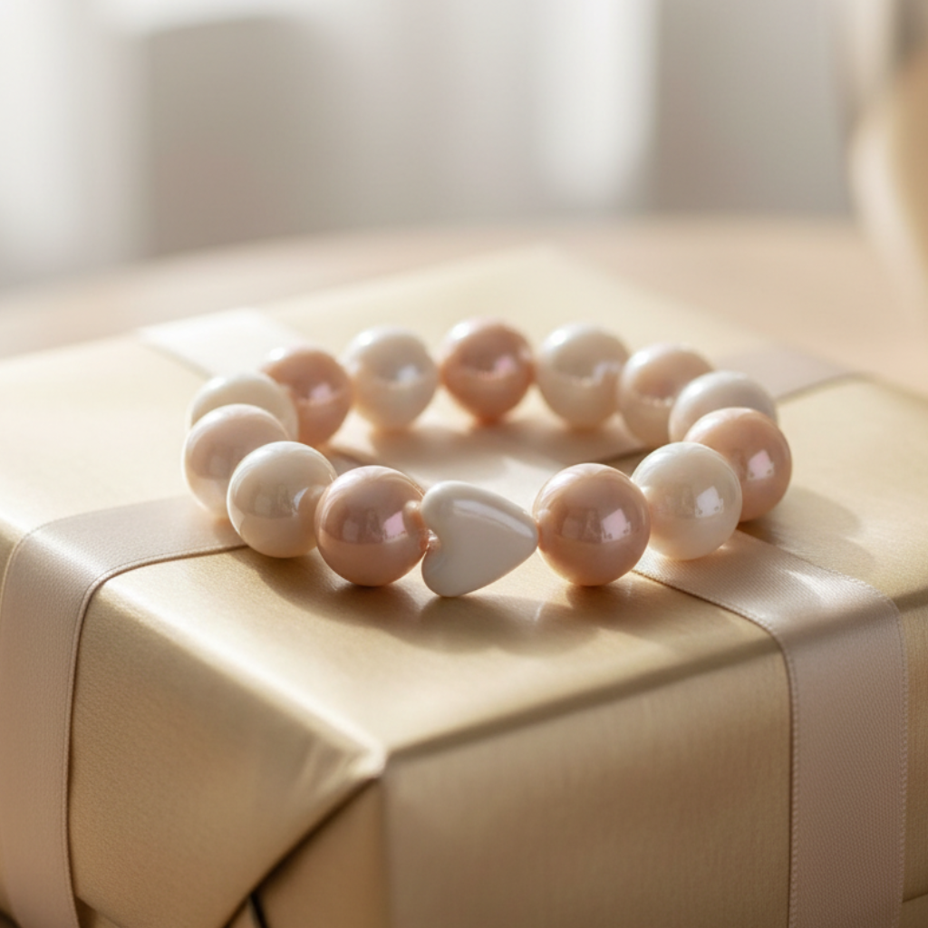 Powder Pink Amore Bracelet styled on gift box, featuring opalescent beads and ceramic white heart charm