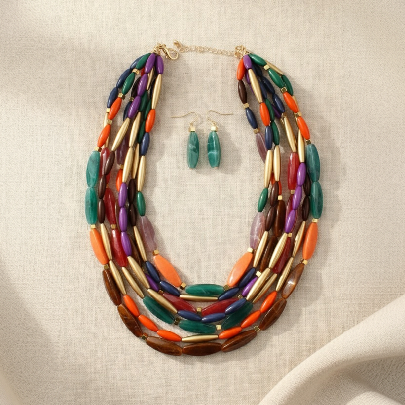 The Riviera Mosaic Necklace Set on a beige fabric background