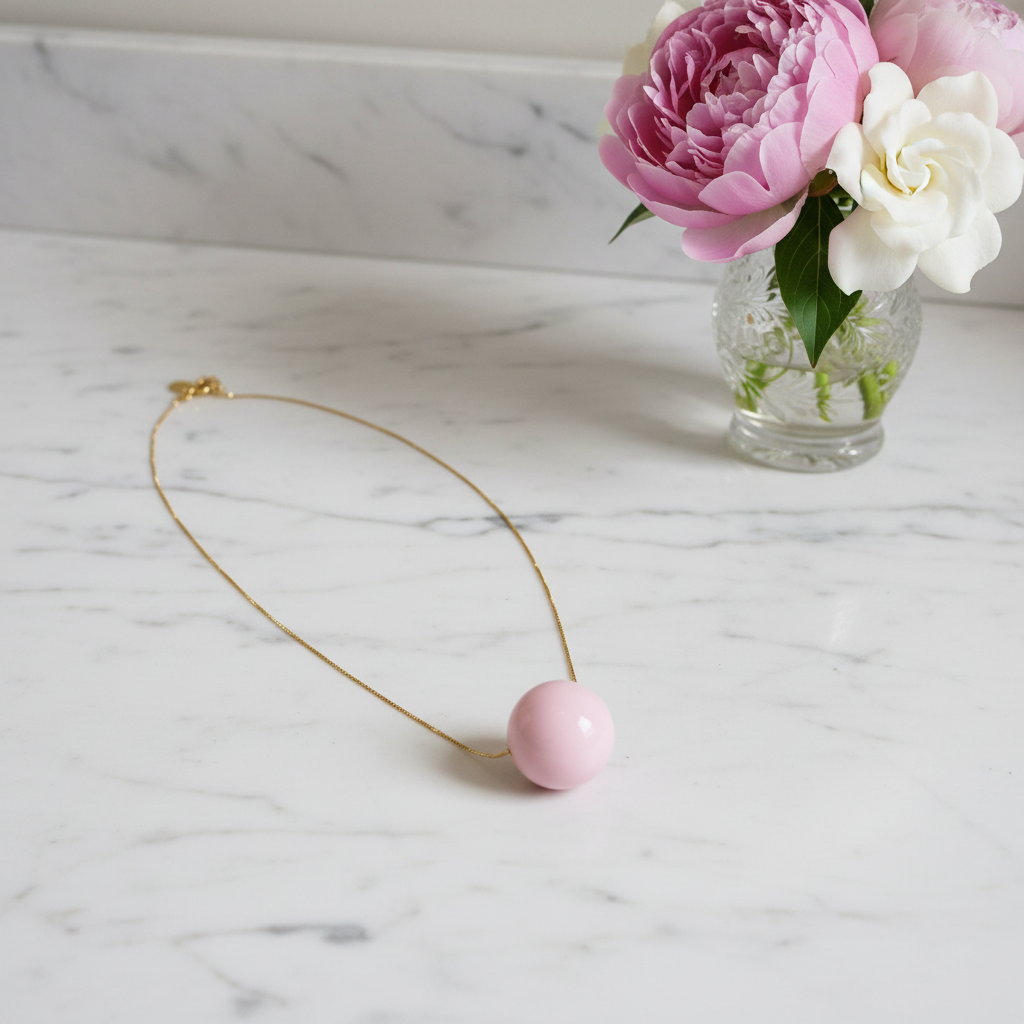 The Rosé Sphere Statement Necklace with a pink pendant on a marble surface next to a vase of flowers