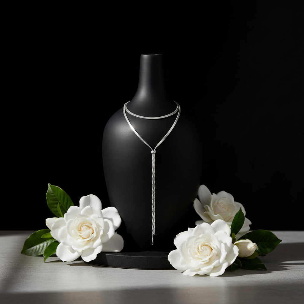 Silver necklace on a black mannequin bust with white flowers on a dark background