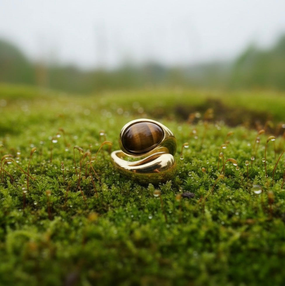 Gold ring with a tiger's eye stone on a grassy surface from Chica Chica Jewelry