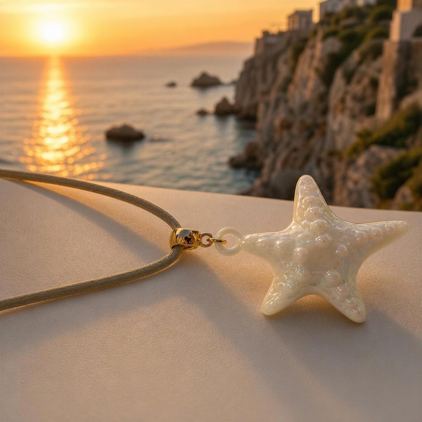 The Nerina Seafoam Starfish Necklace flatlay by Mediterranean terrace