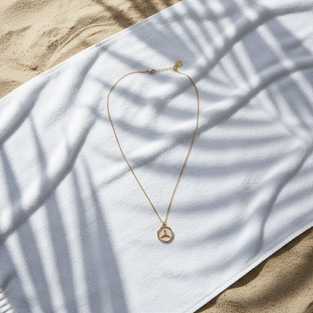 Tidal Embrace Necklace on a white towel on a sandy surface