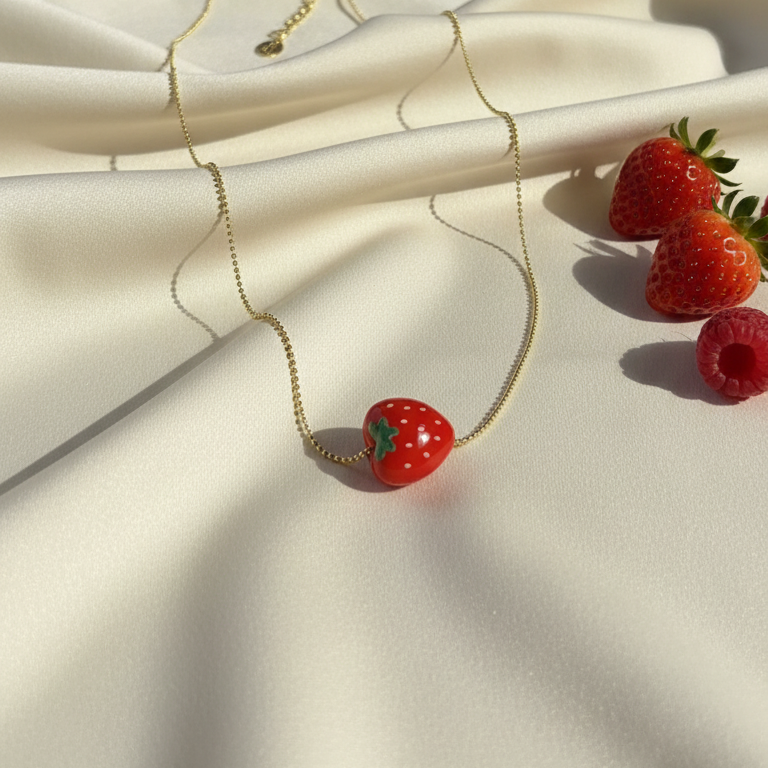Close-up of the Tutti Frutti Strawberry Necklace showing the adjustable 1.2mm gold ball chain and hand-painted strawberry charm.