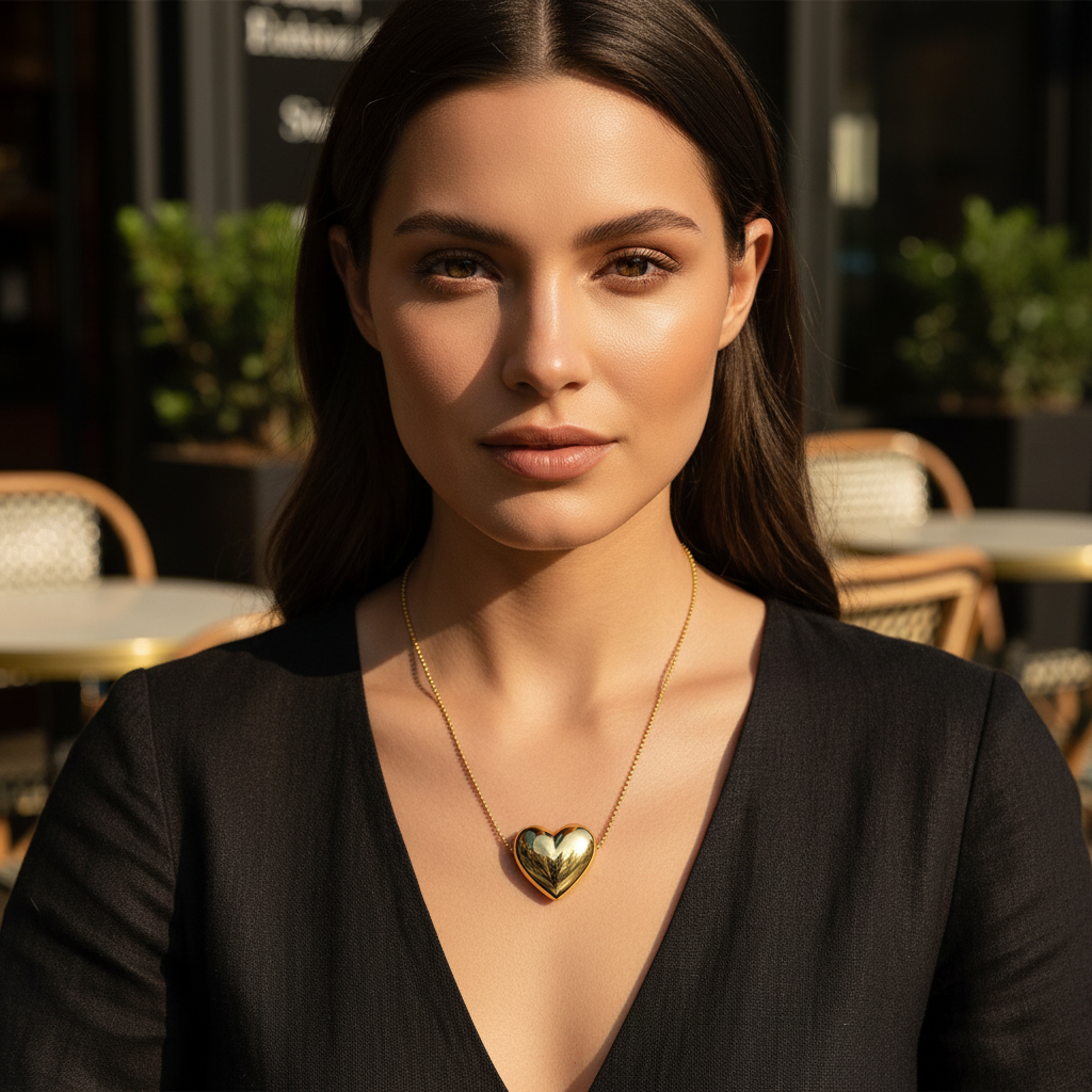 Amore Lumi gold heart necklace styled on model in modern black V-neck look