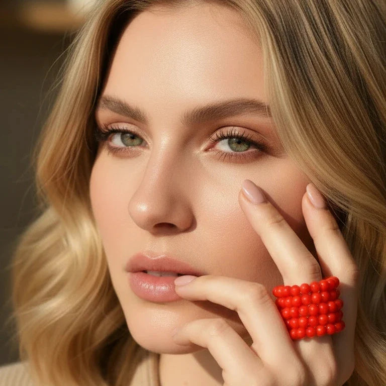 Close-up of blonde model wearing bold red beaded statement ring from the Color Pop Collection by Chica Chica Jewelry™.