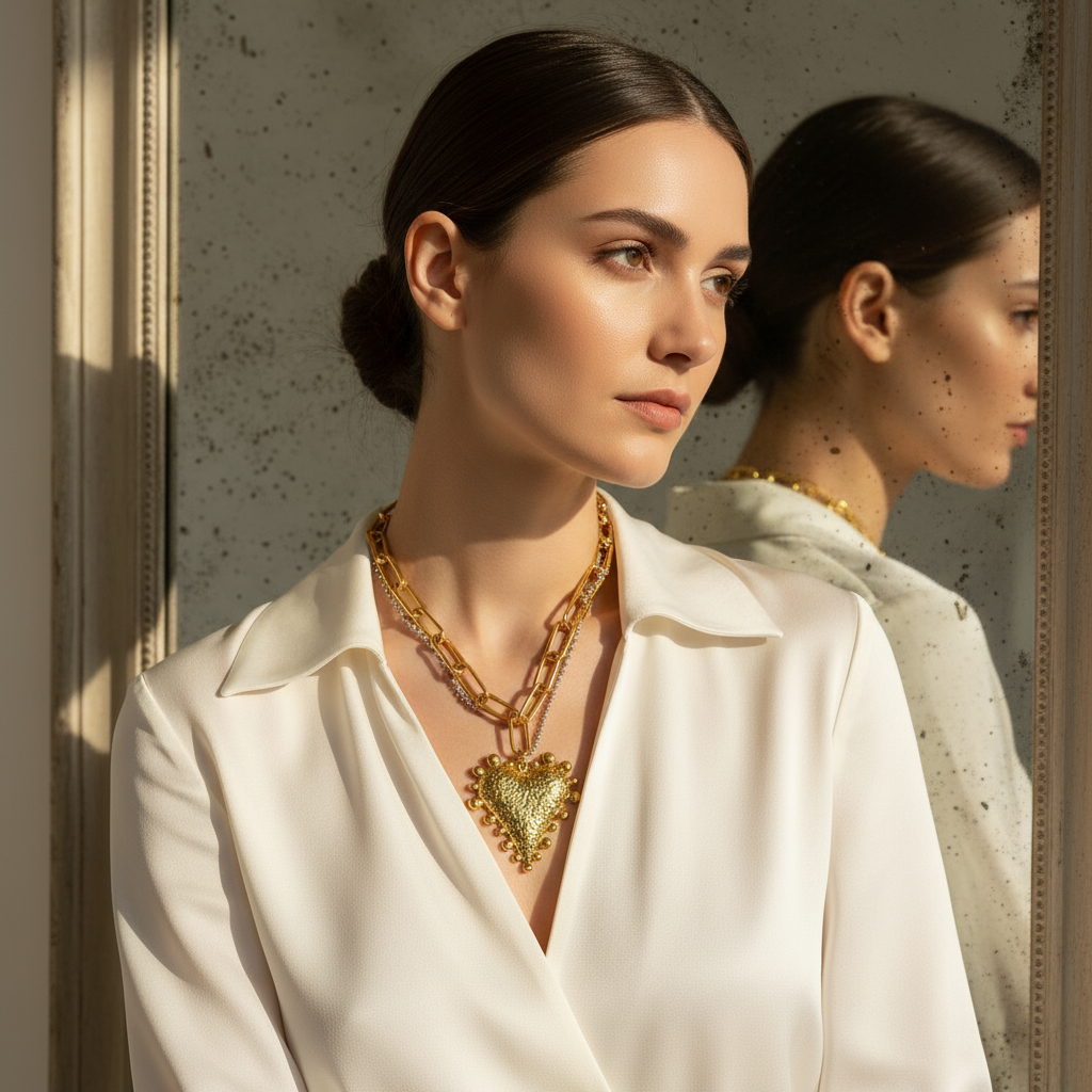 Model wearing the Radiant Heart Necklace from Chica Chica Jewelry  in Golden tones. 