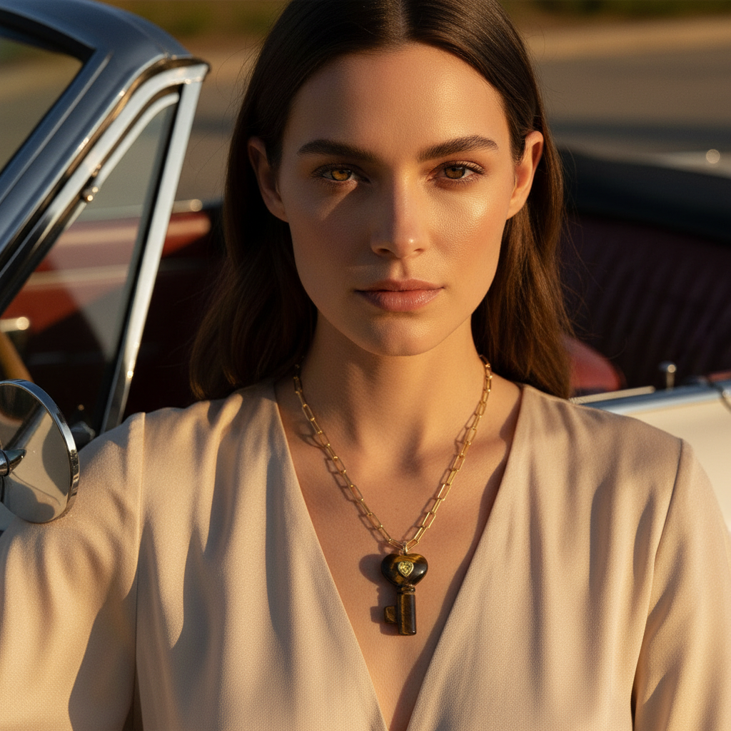 La Vita Key Tigre necklace in tiger eye stone worn by model in beige dress sitting in vintage convertible at sunset