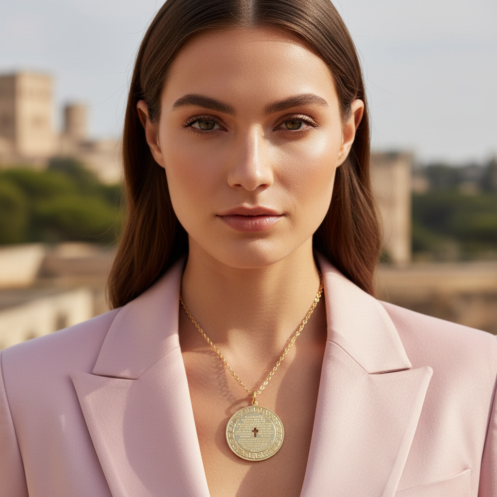 Padre Nuestro gold medallion necklace from Faith & Grace Collection worn by model in soft pink blazer