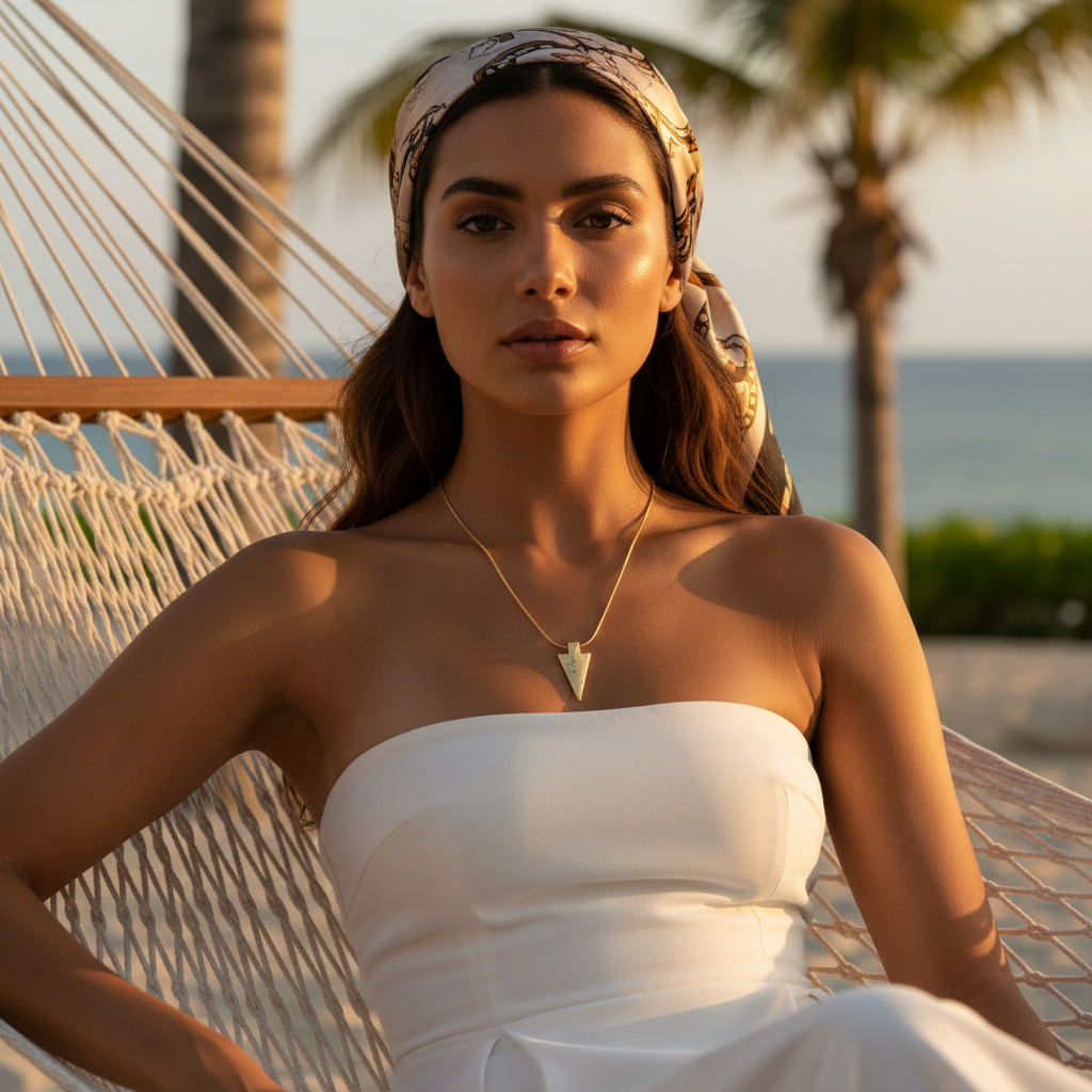 Woman in a white dress sitting in a hammock by the beach wearing the AXIS Arrow Necklace from Chica Chica Jewelry™
