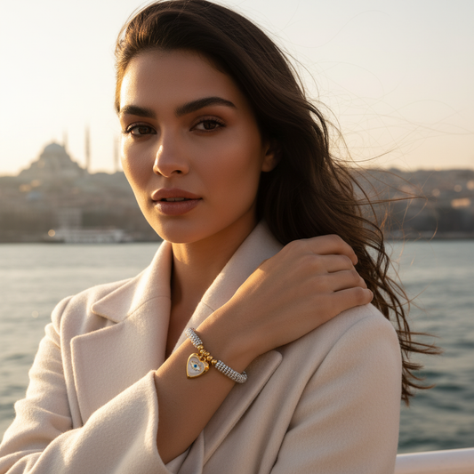 Aegis Aura bracelet featuring a silver beaded stretch band with gold accents and heart-shaped evil eye charm, worn by a model overlooking the water in Istanbul.