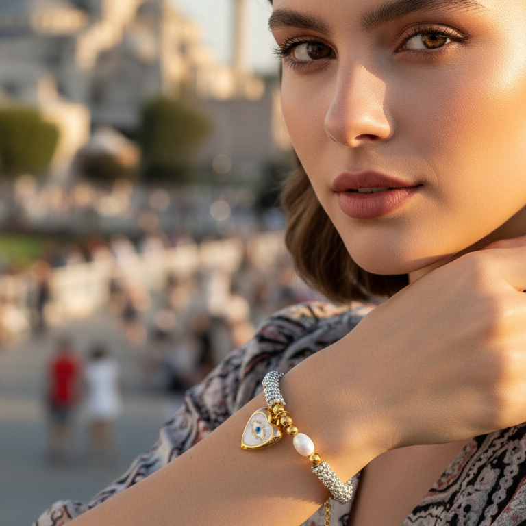 Close-up of the Aegis Aura bracelet showing silver beads, gold accents, freshwater pearl and heart-shaped evil eye charm on wrist.
