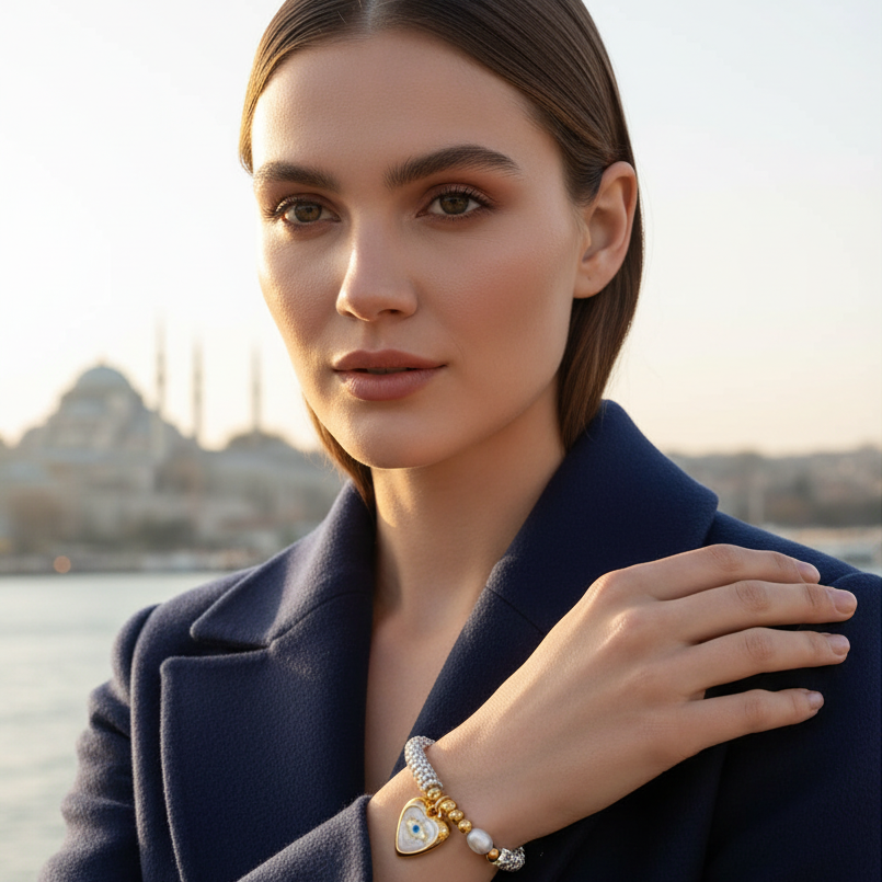 Model wearing the Aegis Aura bracelet with heart evil eye charm, silver beaded stretch design and gold details, photographed by the waterfront.