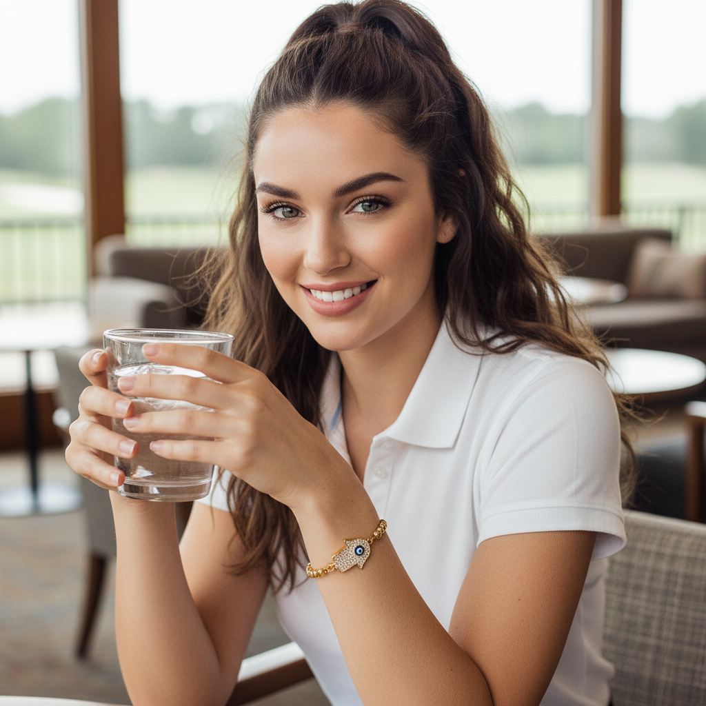 Aegis Guardian Hand Bracelet worn casually on wrist, featuring gold bead design and protective hamsa symbol.