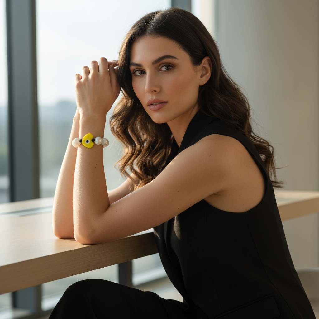 Woman sitting at a table with a blurred background wearing the Aegis Sol Heart Bracelet