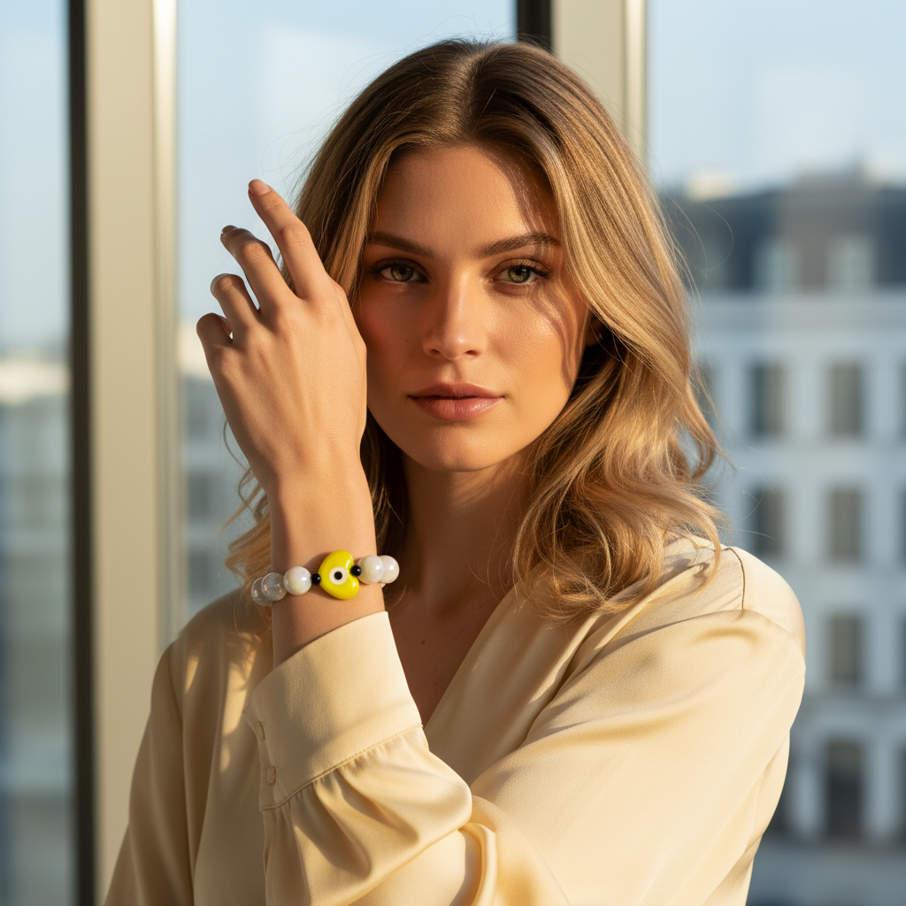 Woman wearing the Aegis Sol Heart Bracelet  in front of a window