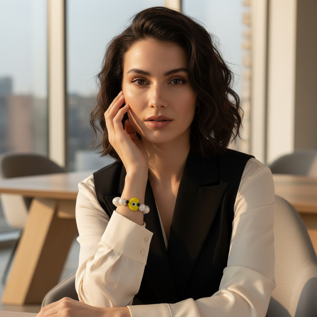 Woman sitting in a modern office setting with large windows wearing the Chica Chica Jewelry Aegis Sol Heart Bracelet