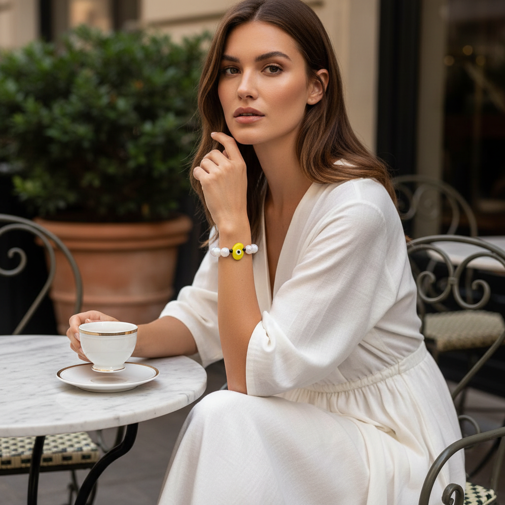 Woman in a white dress sitting at an outdoor cafe with a cup of coffee wearing the Aegis Sol Heart Bracelet