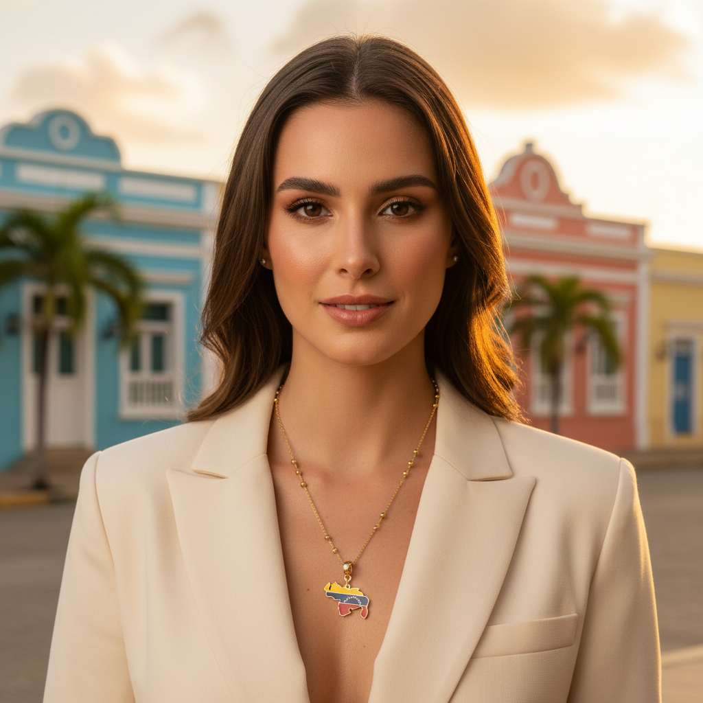 Woman wearing a beige blazer with the Alma Llanera Necklace in front of colorful buildings in Venezuela