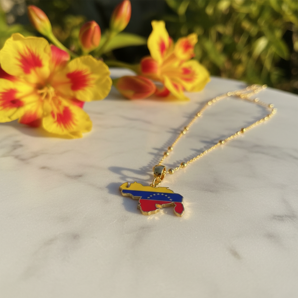 Necklace with a Venezuela flag pendant on a marble surface with flowers in the background