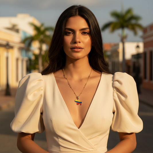 Woman in a white dress with puffed sleeves standing outdoors with palm trees in the background wearing the Alma Llanera Necklace
