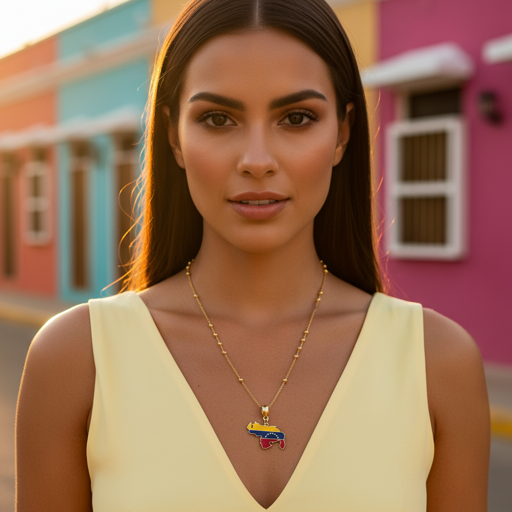 Woman wearing the Alma Llanera Necklace with a colorful Venezuela flag pendant in front of a colorful building.