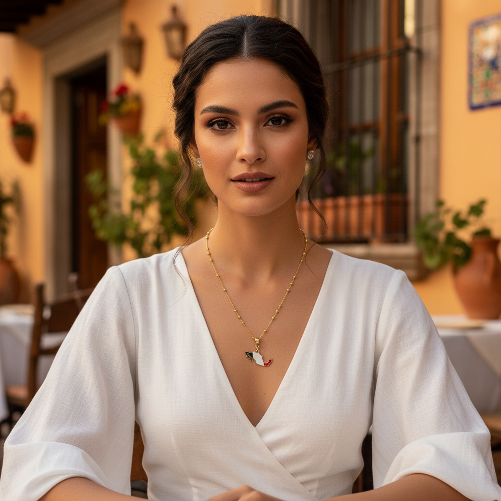 Woman wearing a white top with the Alma Mexicana Necklace in an outdoor setting