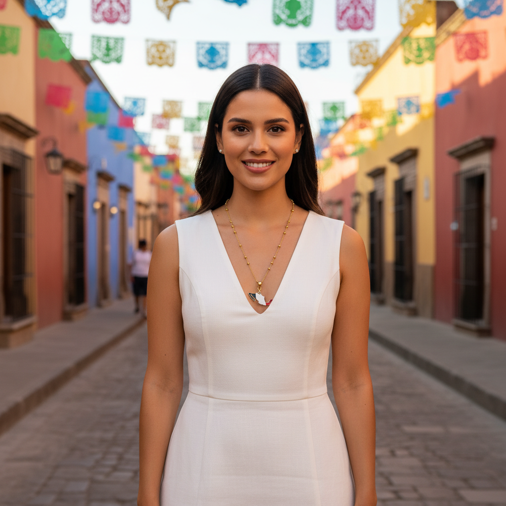 Woman in a white dress standing in a colorful street with buildings and flags wearing the Alma Mexicana Necklace.
