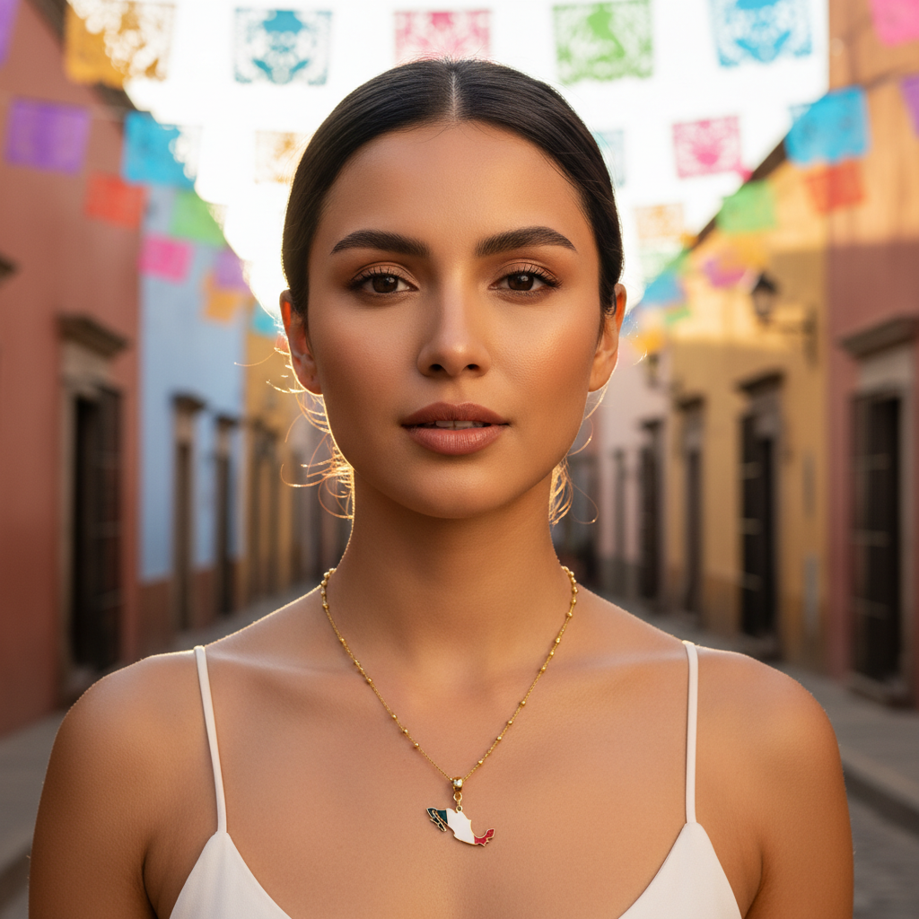 Woman wearing the Alma Mexicana Necklace with a colorful street in the background