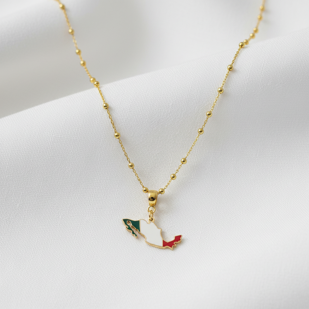 Gold necklace with a Mexican flag on a white background